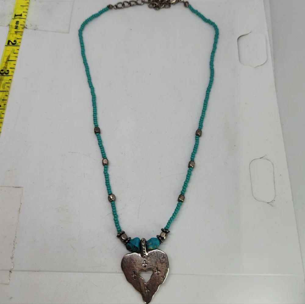 Vintage C Stein Heart W Stamped Cross Pendant Turquoise Bead Necklace Southwest - Picture 5 of 6